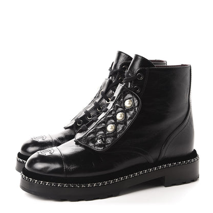 Chanel Crackled Calfskin Velvet Pearl Combat Short Boots 38.5 Black 3 of 9