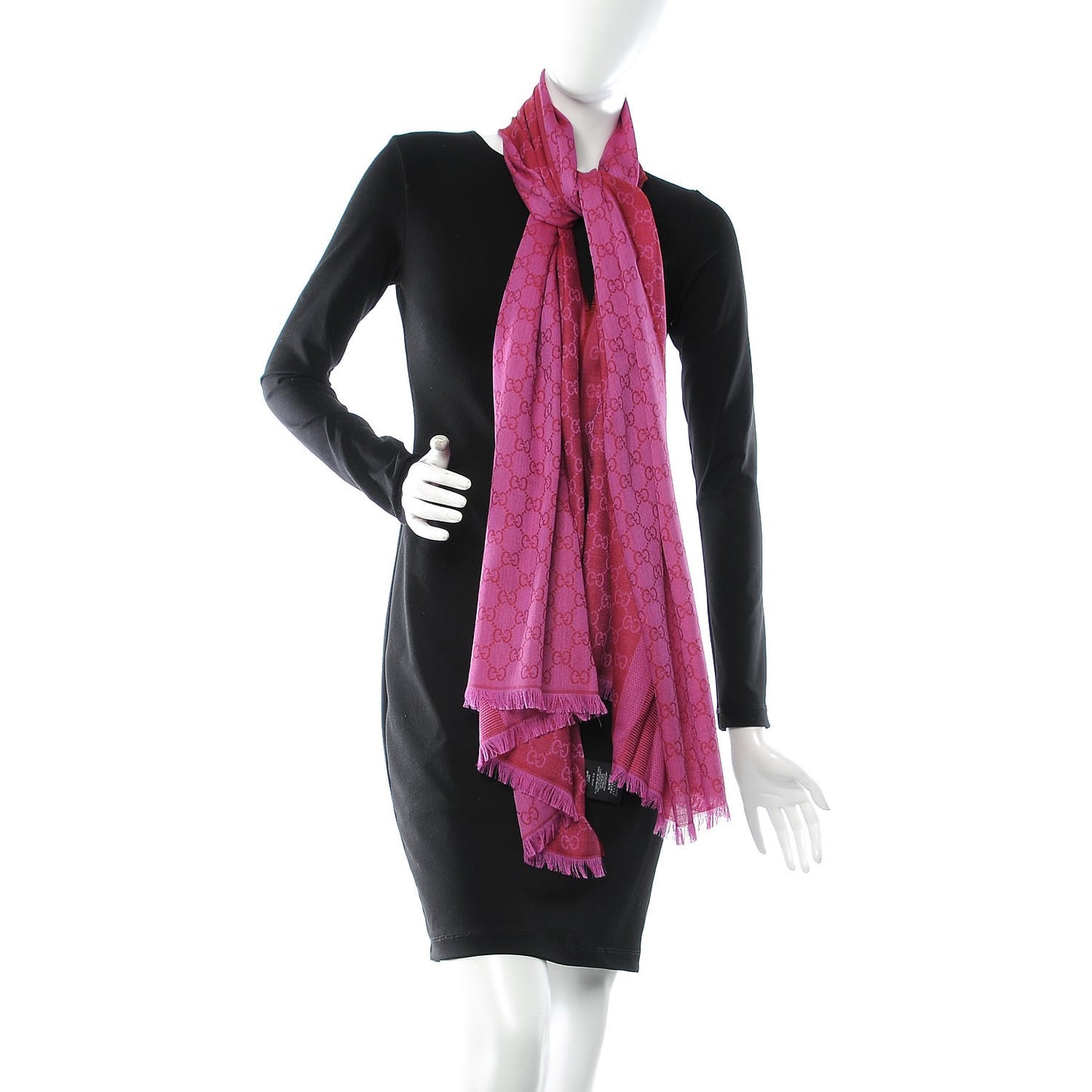 Wool Silk GG Monogram GGWeblong Fringe Scarf Shawl Red Pink