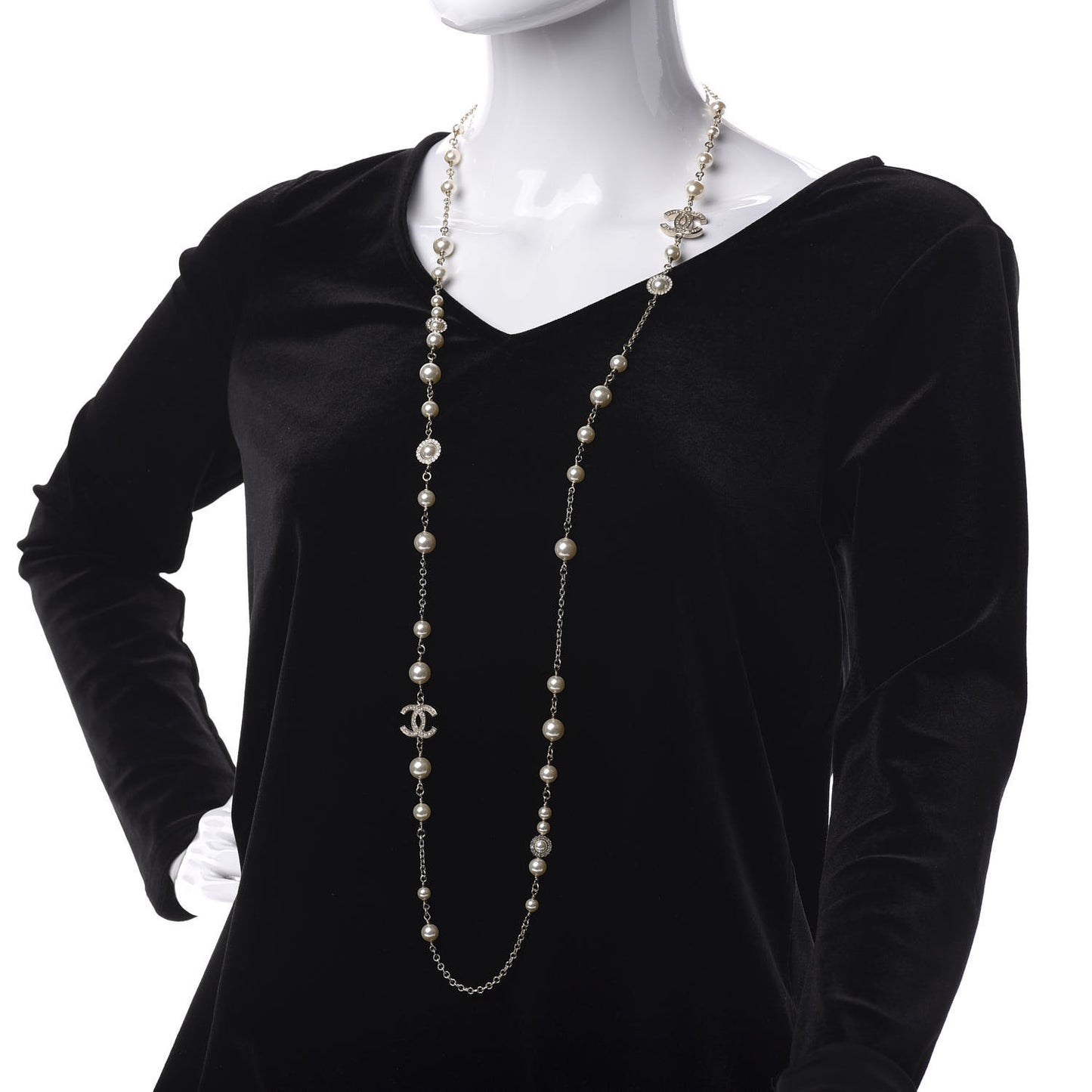 Pearl Crystal CC Lace Camellia Long Necklace Gold