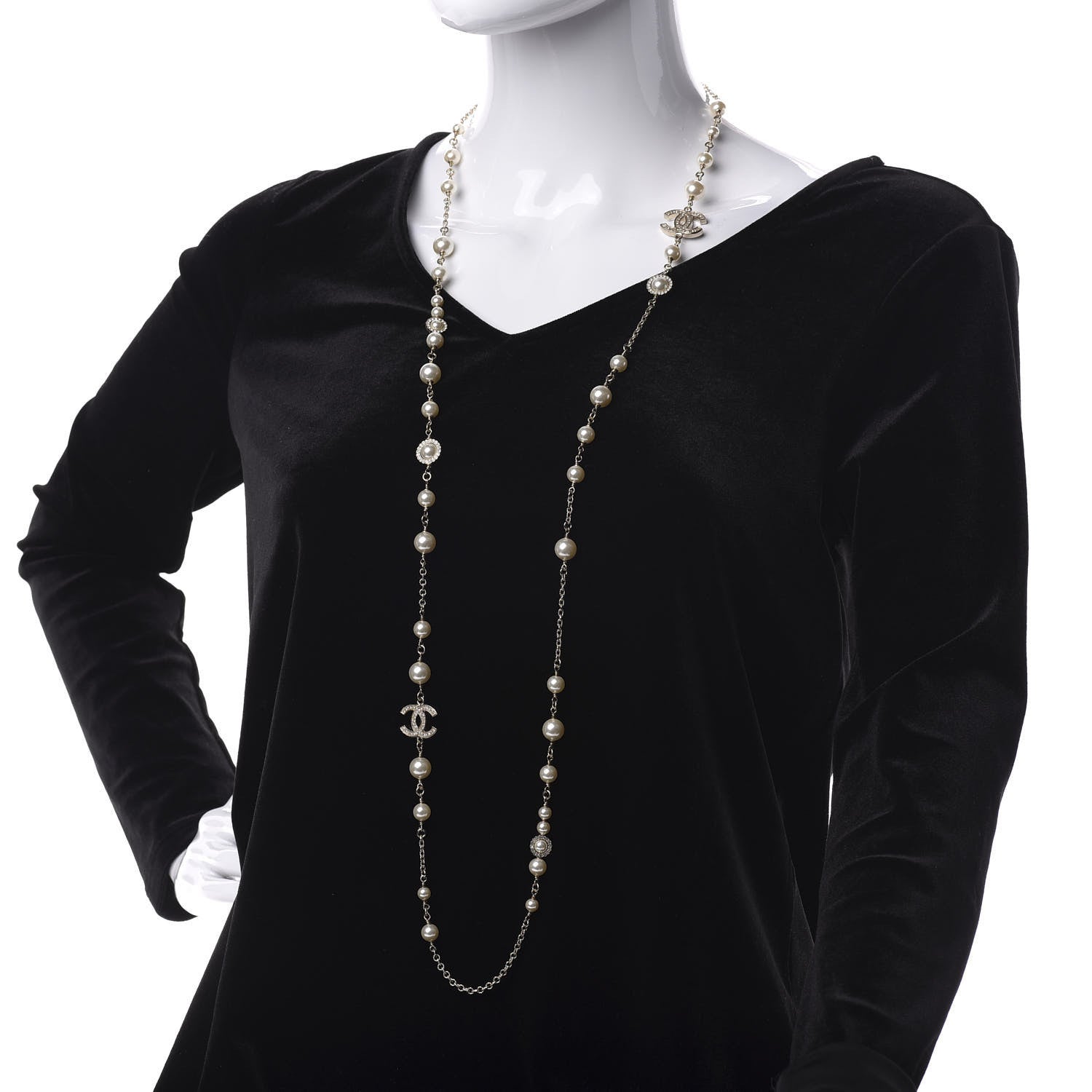 Chanel Pearl Crystal CC Lace Camellia Long Necklace Gold 2 of 5