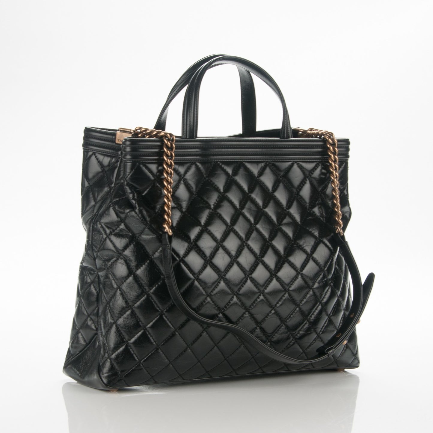 Glazed Calfskin Quilted Large Boy Tote Black