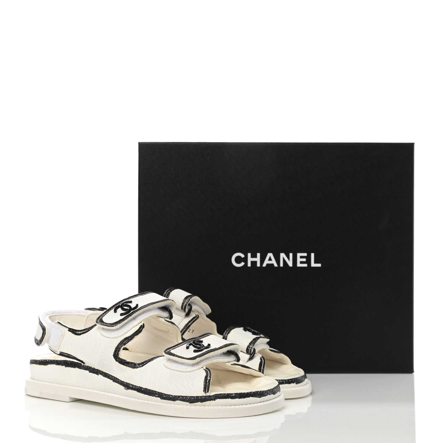 Chanel Calfskin Printed Velcro Dad Sandals 36.5 White Black 11 of 11