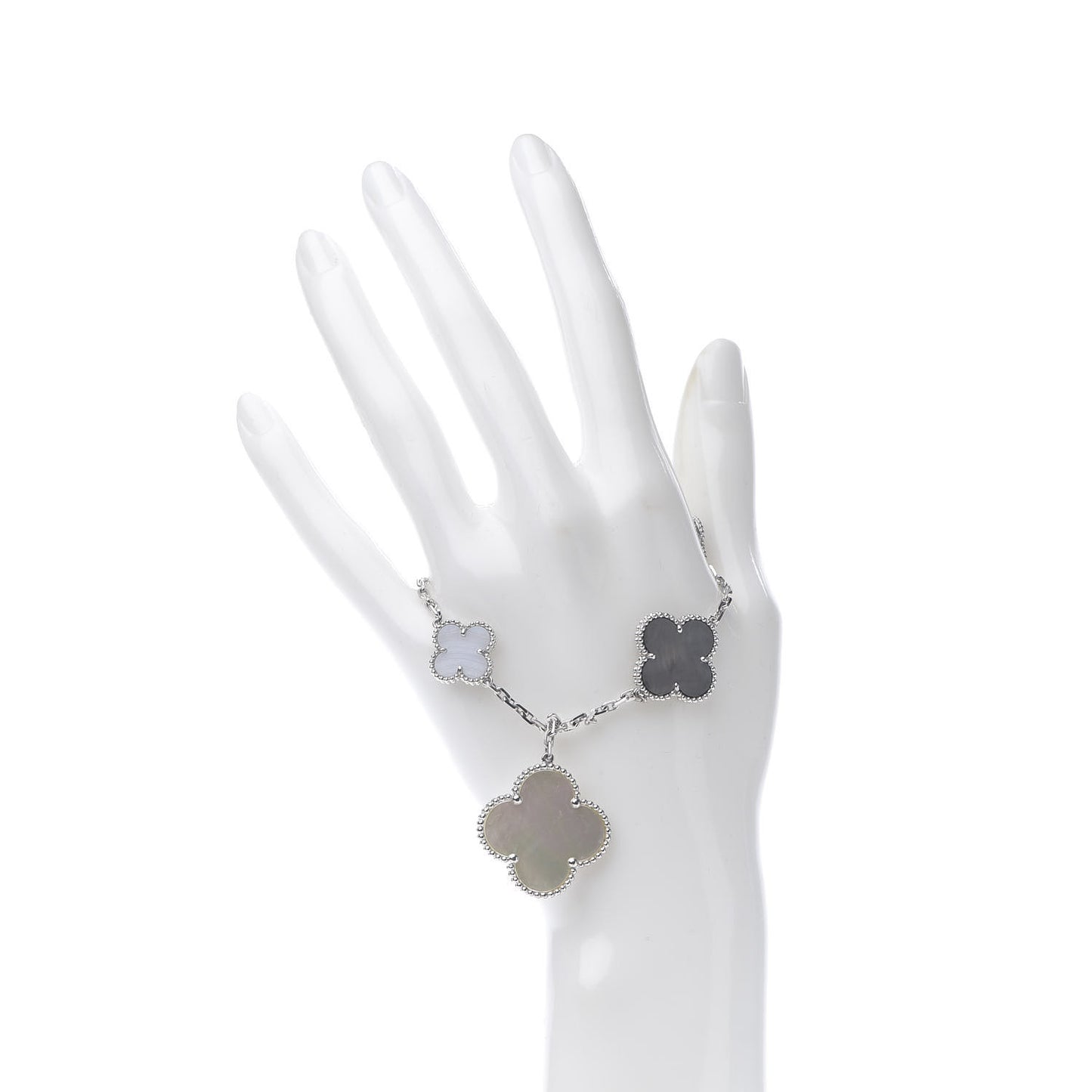 18K White Gold Chalcedony Mother of Pearl 5 Motifs Magic Alhambra Bracelet