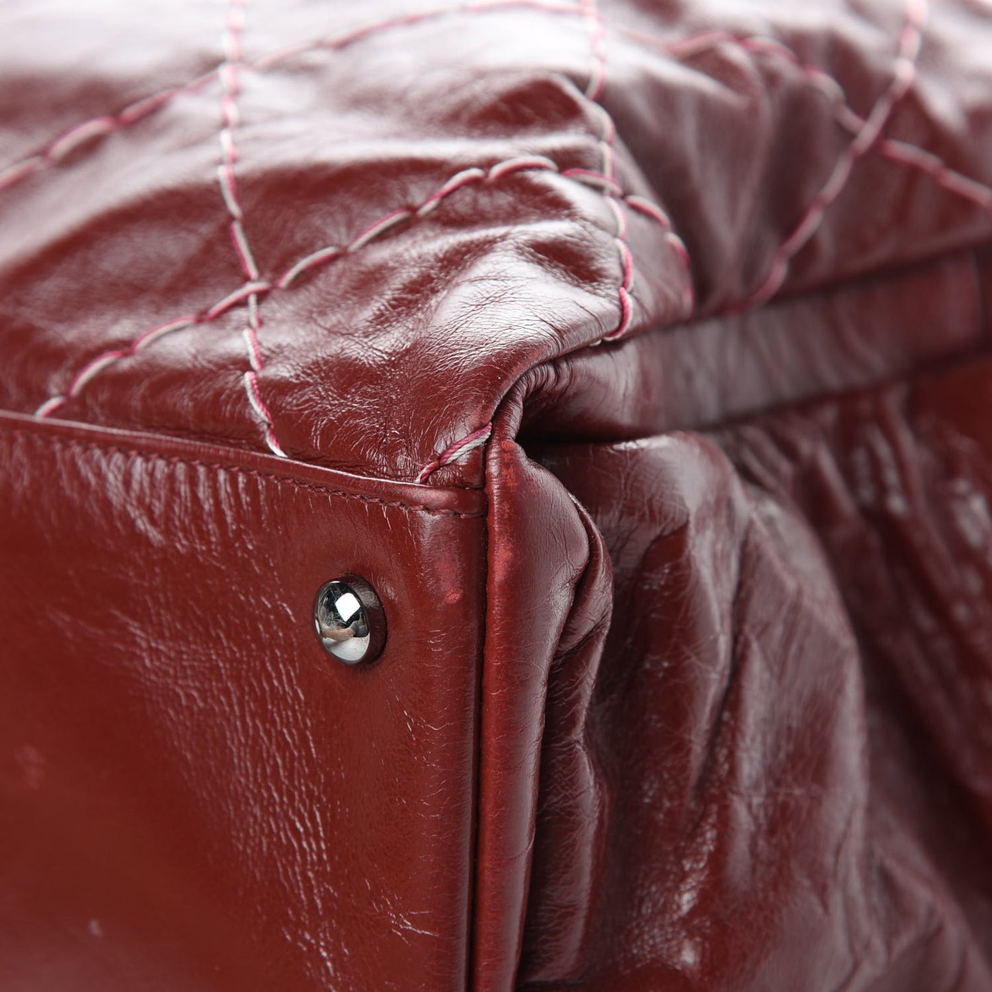 Glazed Goatskin Double Stitch Shoulder Bag Rouge