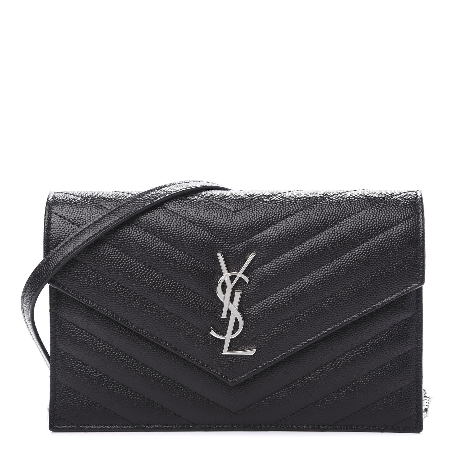 Saint Laurent Grain De Poudre Matelasse Chevron Monogram Envelope Chain Wallet Black 1 of 8