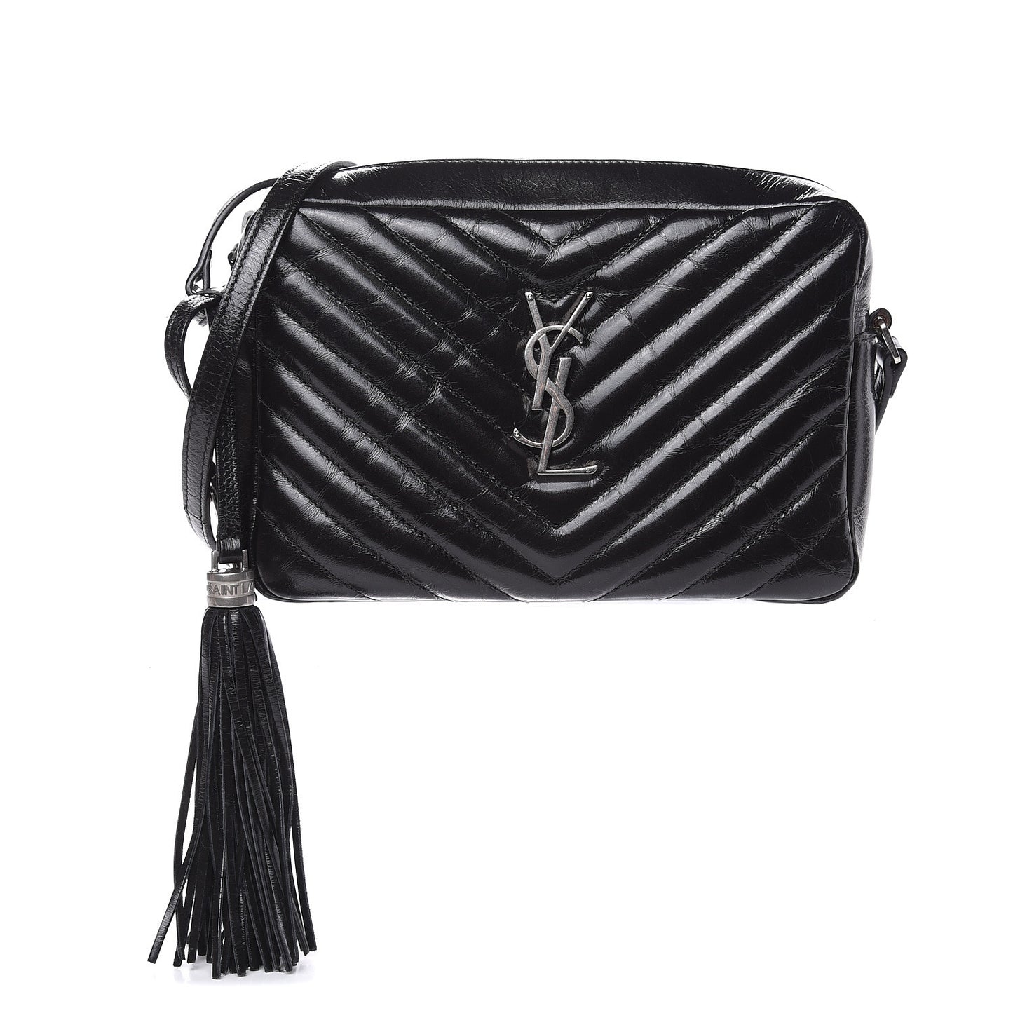 Cracked Shiny Calfskin Matelasse Monogram Lou Camera Bag Black