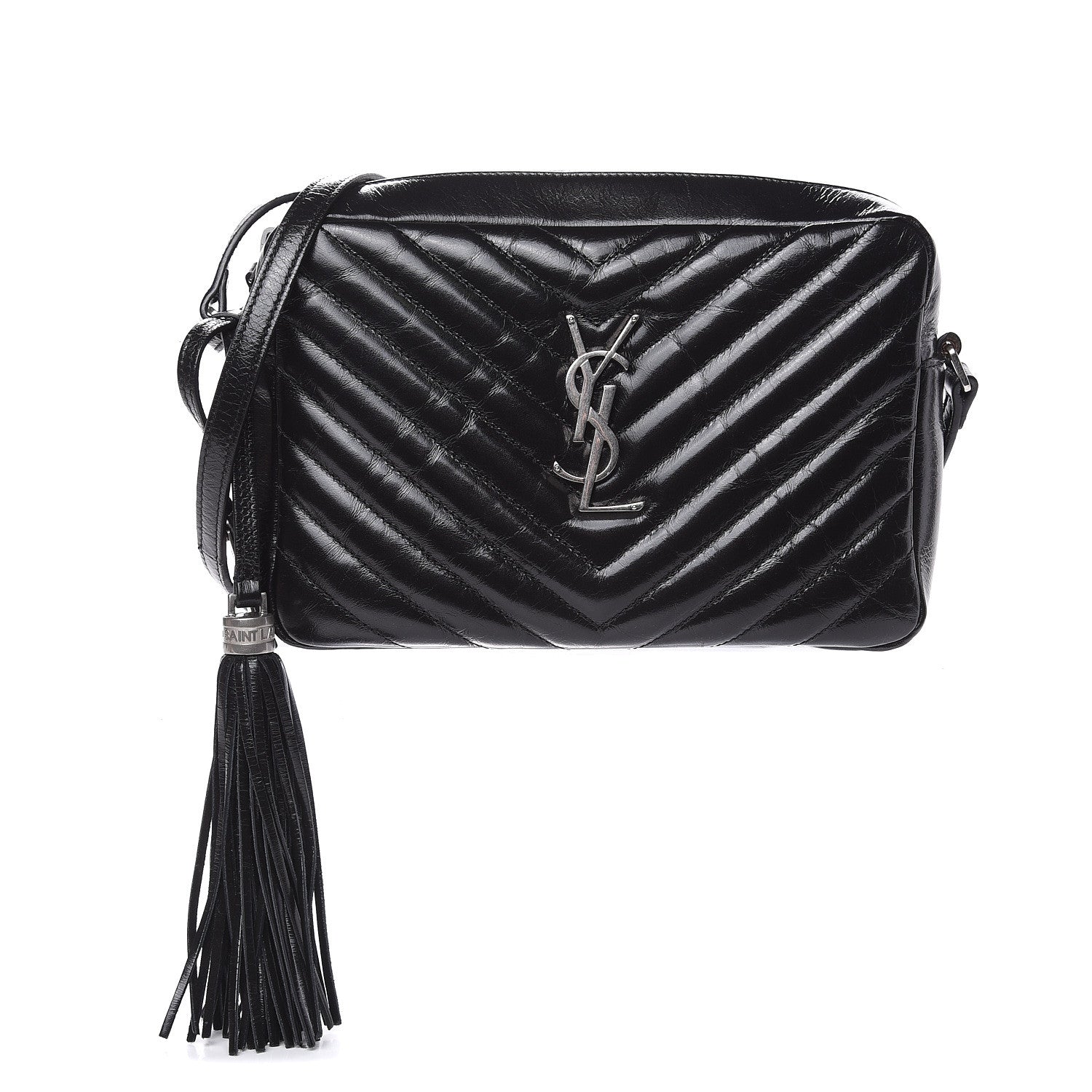 Saint Laurent Cracked Shiny Calfskin Matelasse Monogram Lou Camera Bag Black 1 of 9