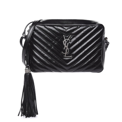 Saint Laurent Cracked Shiny Calfskin Matelasse Monogram Lou Camera Bag Black 1 of 9