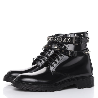 Saint Laurent Smooth Calfskin Studded Womens Lace-Up Combat Boots 38 Black 3 of 7