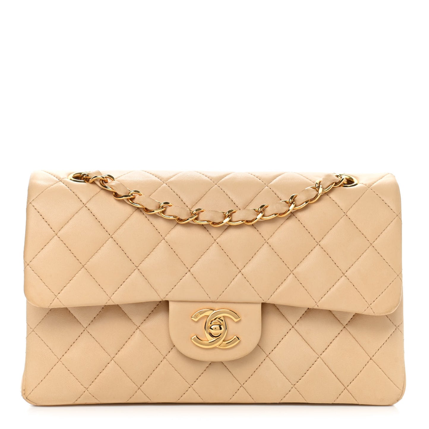 Lambskin Quilted Small Double Flap Beige