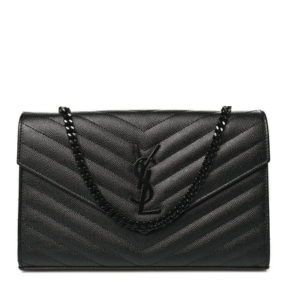Saint Laurent Grain De Poudre Matelasse Chevron Monogram Monochrome Chain Wallet Black 1 of 10