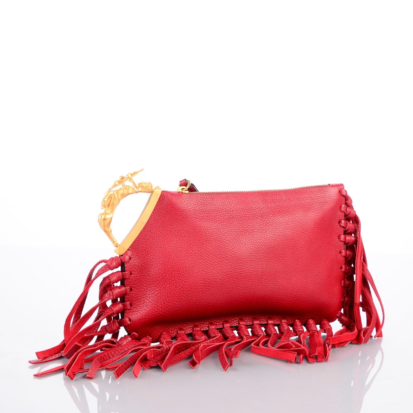 Grained Calfskin C-Rockee Sagittarius Fringe Clutch Scarlet