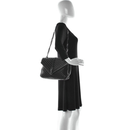 Sheepskin Matelasse Chevron Monogram Large College Satchel Black