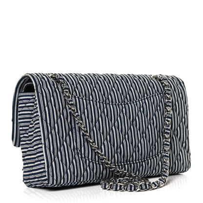 Chanel Canvas Sequin Stripe Medium Double Flap Navy Blue 3 of 12