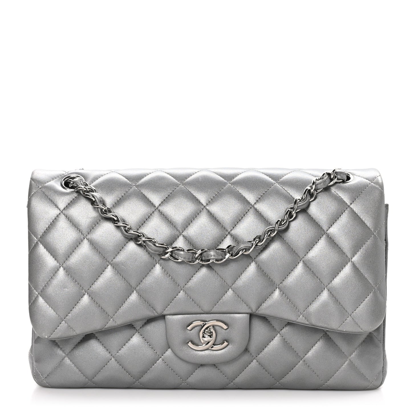 Metallic Lambskin Quilted Jumbo Double Flap Silver