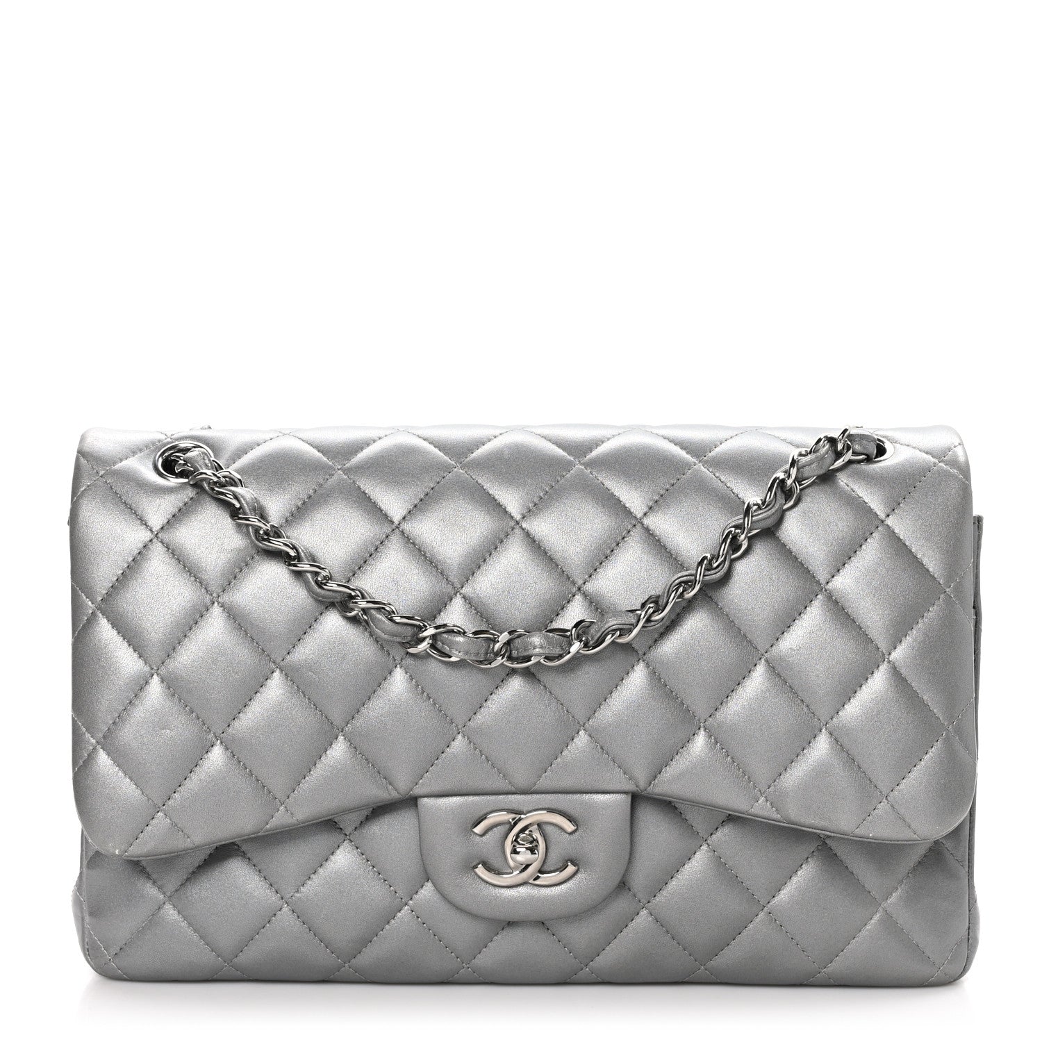 Chanel Metallic Lambskin Quilted Jumbo Double Flap Silver 1 of 10