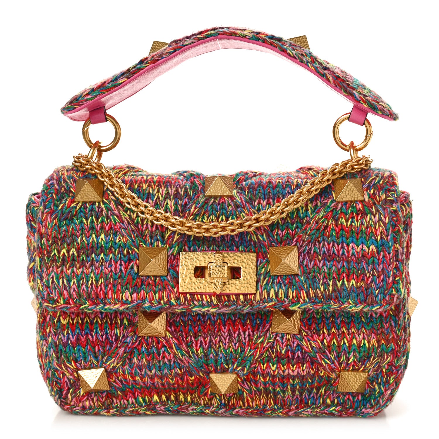 Valentino Garavani Wool Woven Medium Roman Stud Shoulder Bag Multicolor Feminine Pink 1 of 8