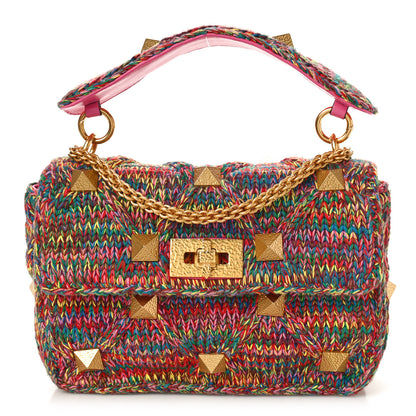 Valentino Garavani Wool Woven Medium Roman Stud Shoulder Bag Multicolor Feminine Pink 1 of 8