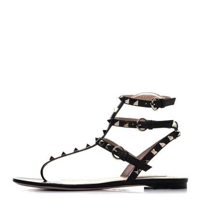 Valentino Garavani Nappa Rockstud Ankle Strap Flat Thong Sandals 38.5 Black 1 of 13