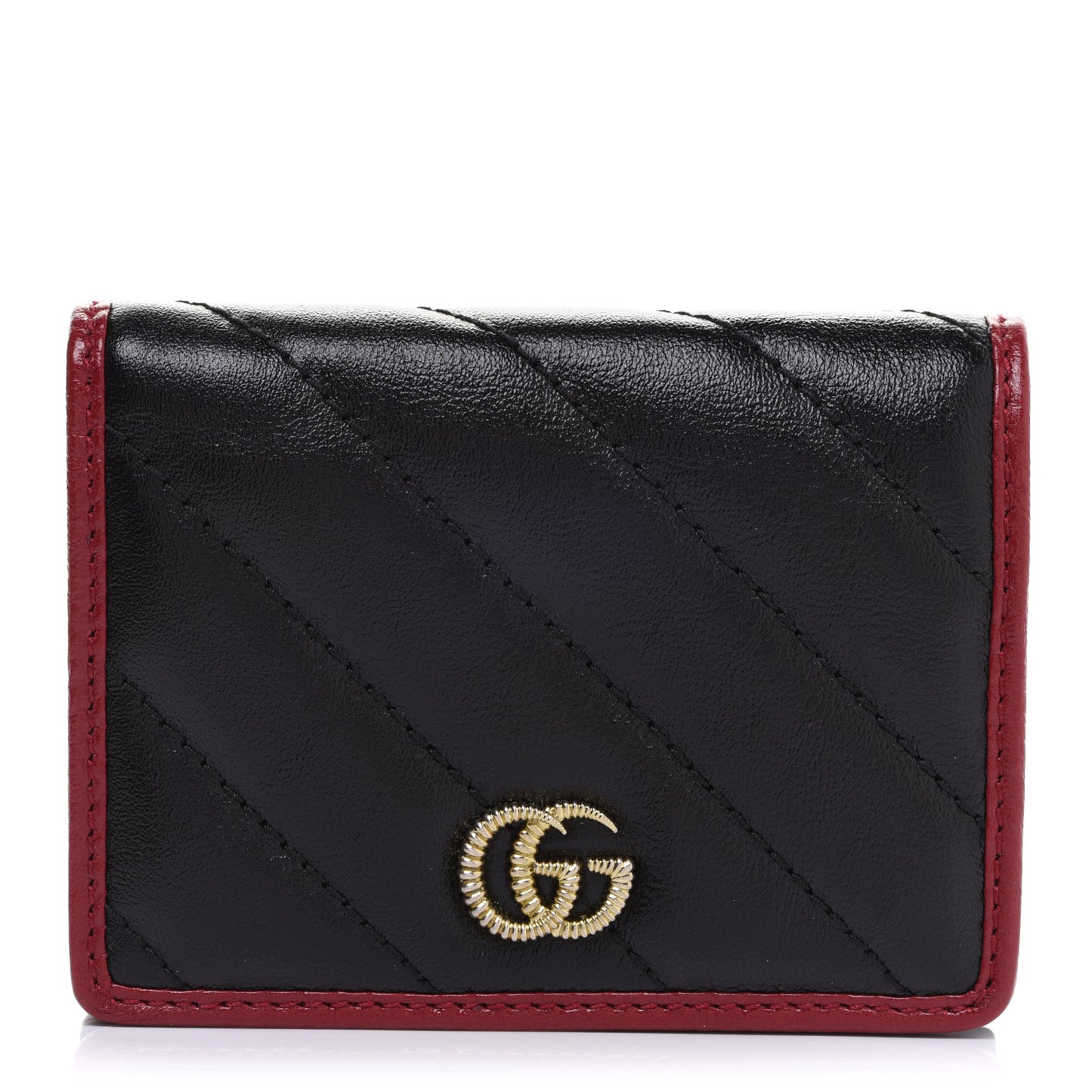 Vintage Effect Calfskin Matelasse Diagonal Torchon GG Marmont Card Case Wallet Black Romantic Cherry