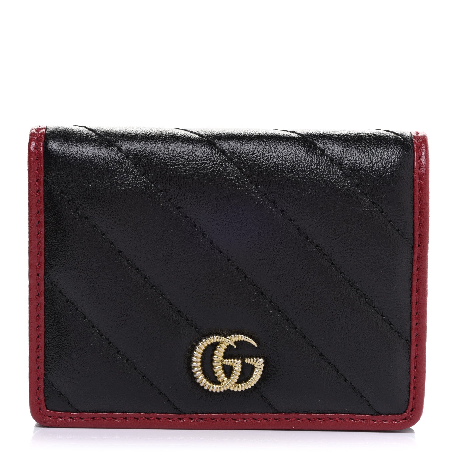 Gucci Vintage Effect Calfskin Matelasse Diagonal Torchon GG Marmont Card Case Wallet Black Romantic Cherry 1 of 8