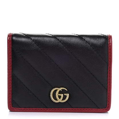 Gucci Vintage Effect Calfskin Matelasse Diagonal Torchon GG Marmont Card Case Wallet Black Romantic Cherry 1 of 8