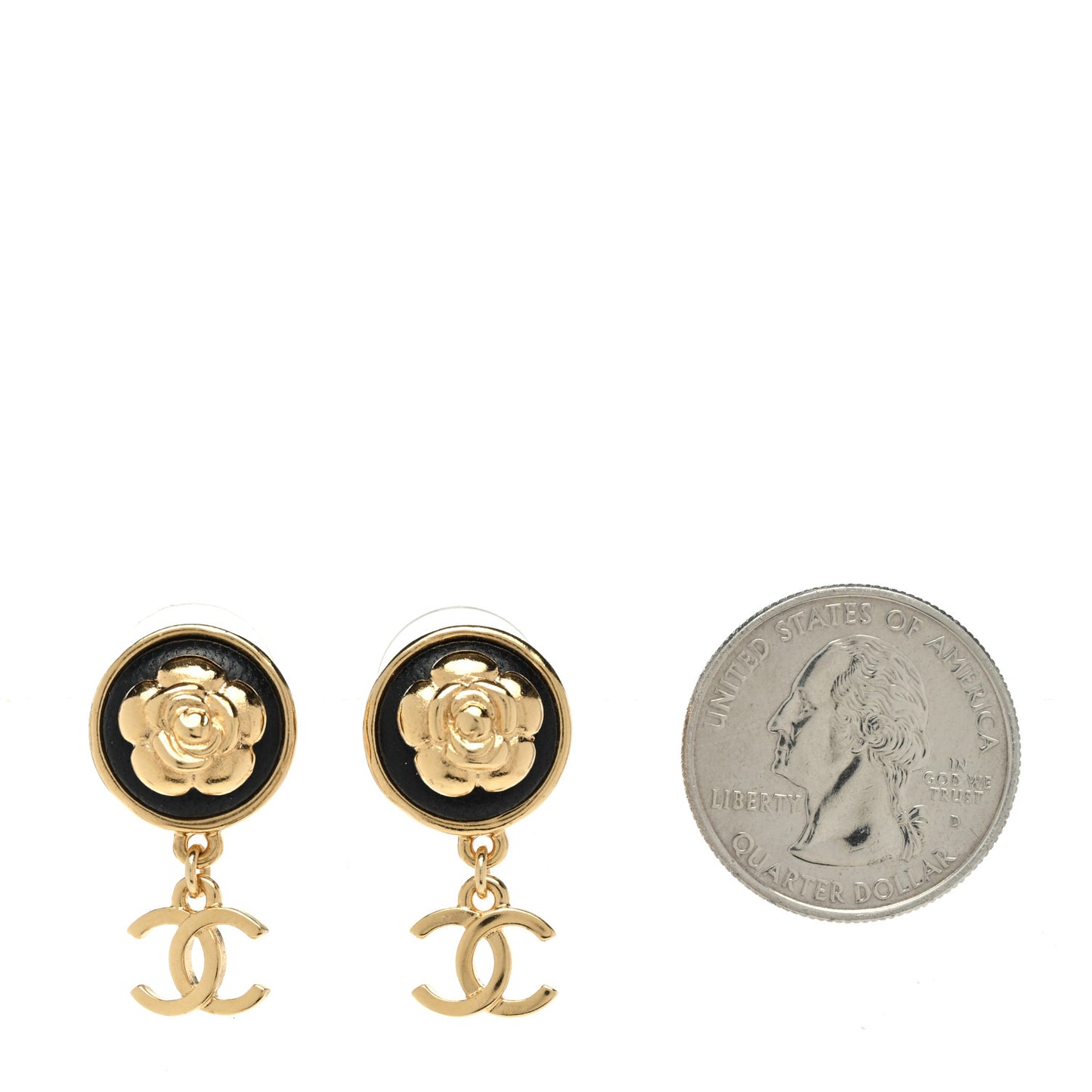Metal Lambskin Camellia CC Drop Earrings Gold Black