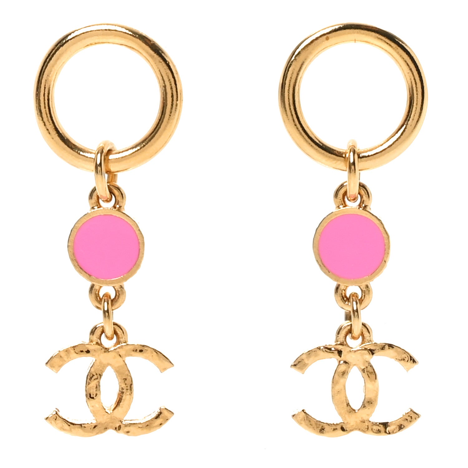 Chanel Metal Resin Disc CC Drop Earrings Gold Pink 1 of 4