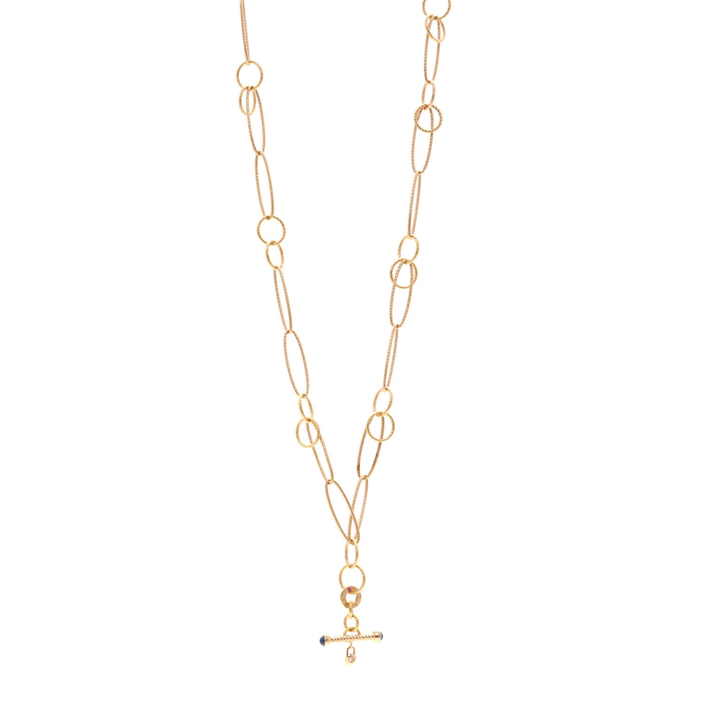 18K Rose Gold Blue Sapphire Bar Pendant Alternating Oval Link Necklace