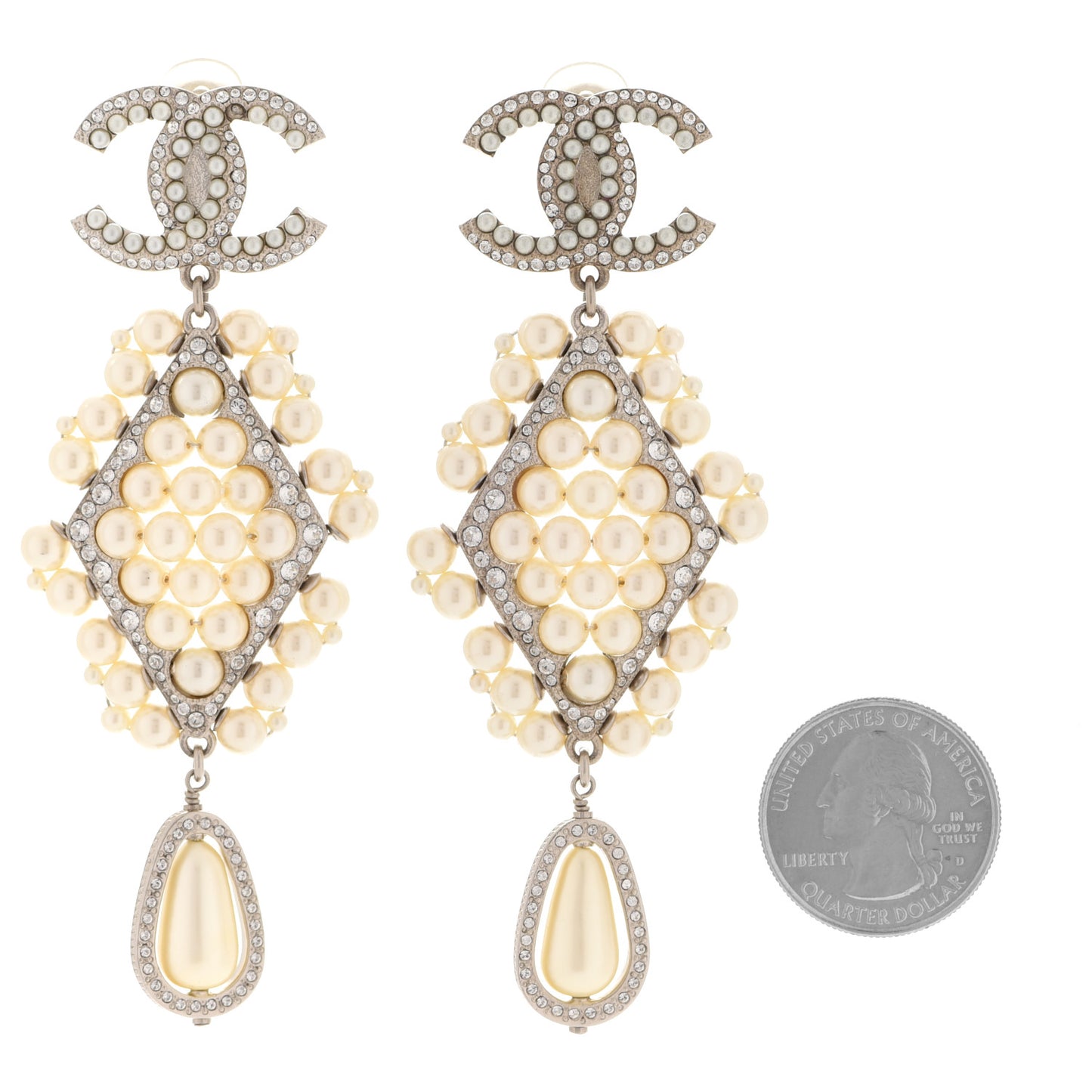 Crystal Pearl CC Drop Clip On Earrings Silver