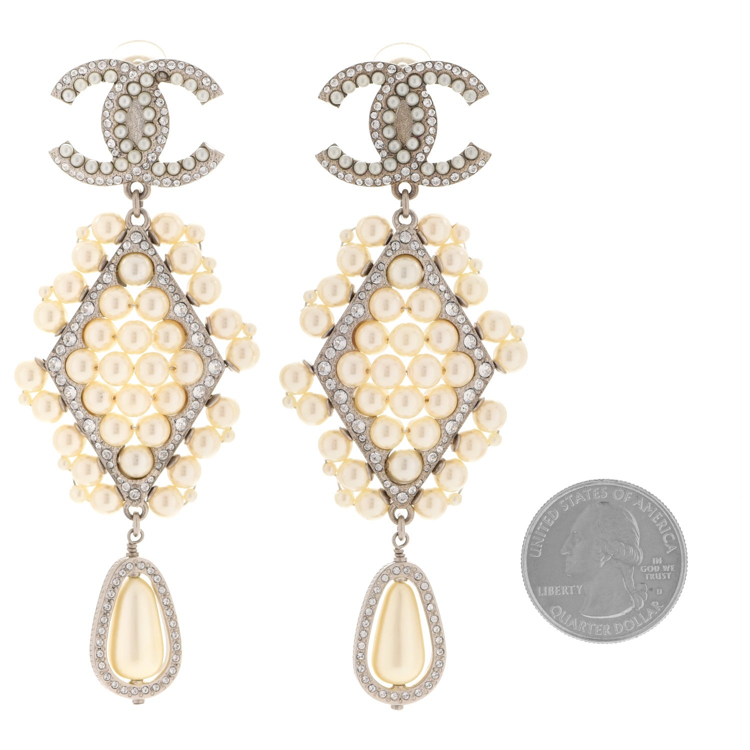 Chanel Crystal Pearl CC Drop Clip On Earrings Silver 2 of 5