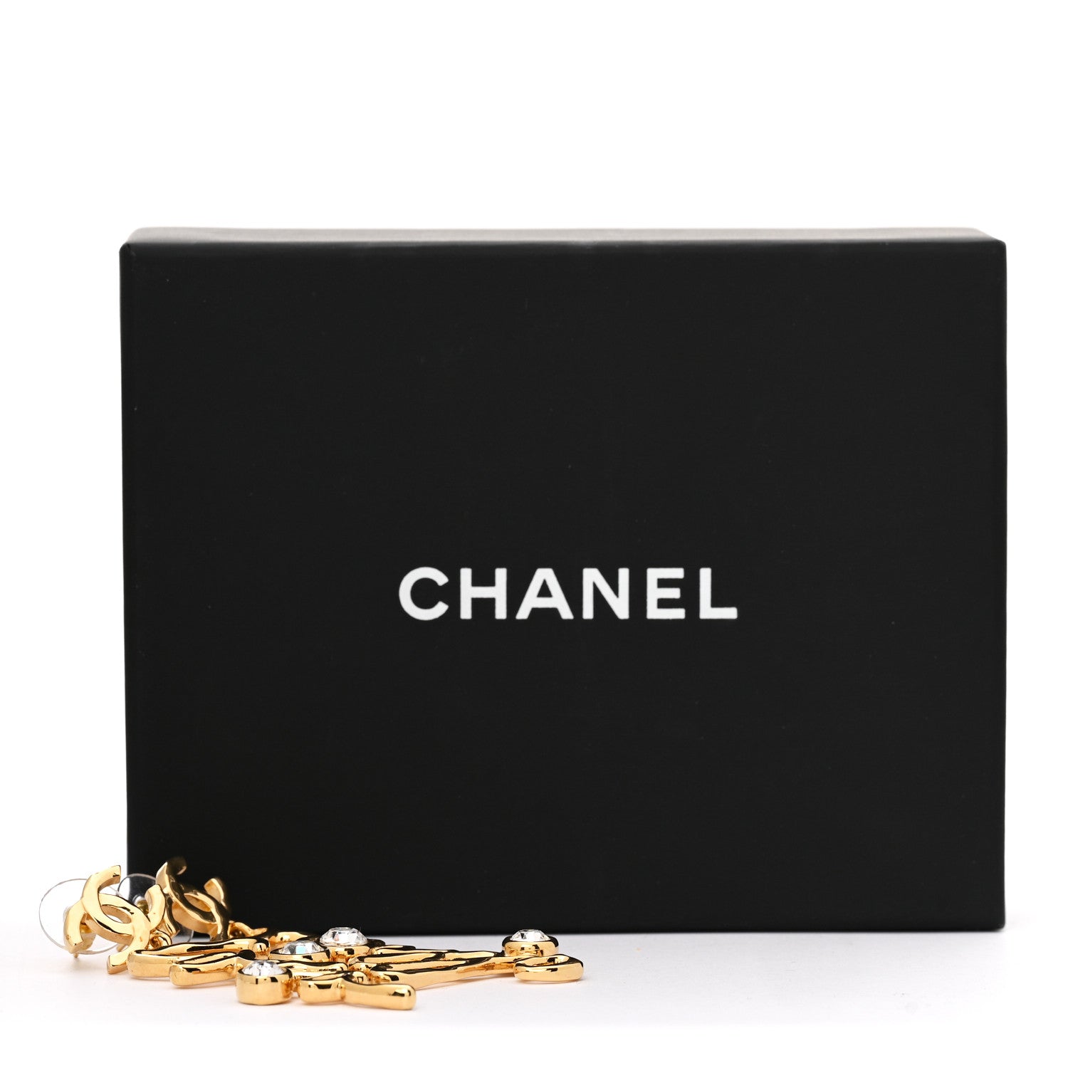 Chanel Metal Crystal Coco Script CC Drop Earrings Gold 5 of 5