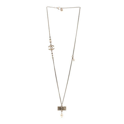 Chanel Metal Crystal Pearl CC Bow Necklace Gold 2 of 4