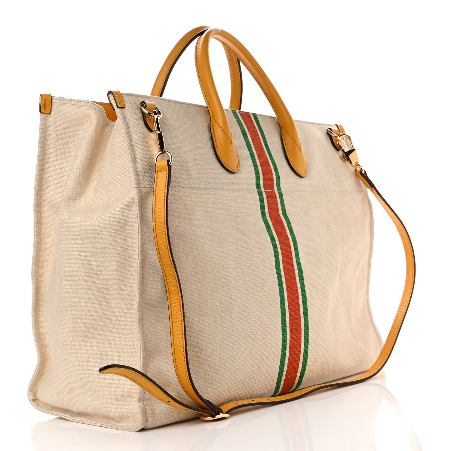 Gucci Linen Heavy Canvas Textured Dollar Calfskin Web Large Retro Interlocking G Foldable Tote Light Beige 3 of 11