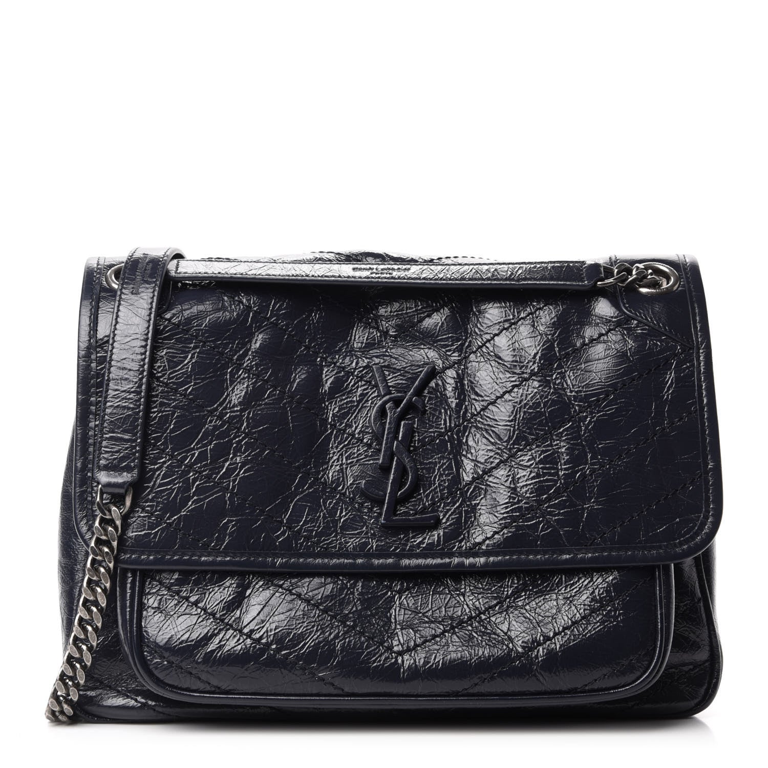 Saint Laurent Crinkled Calfskin Matelasse Monogram Medium Niki Chain Satchel Deep Marine 1 of 12
