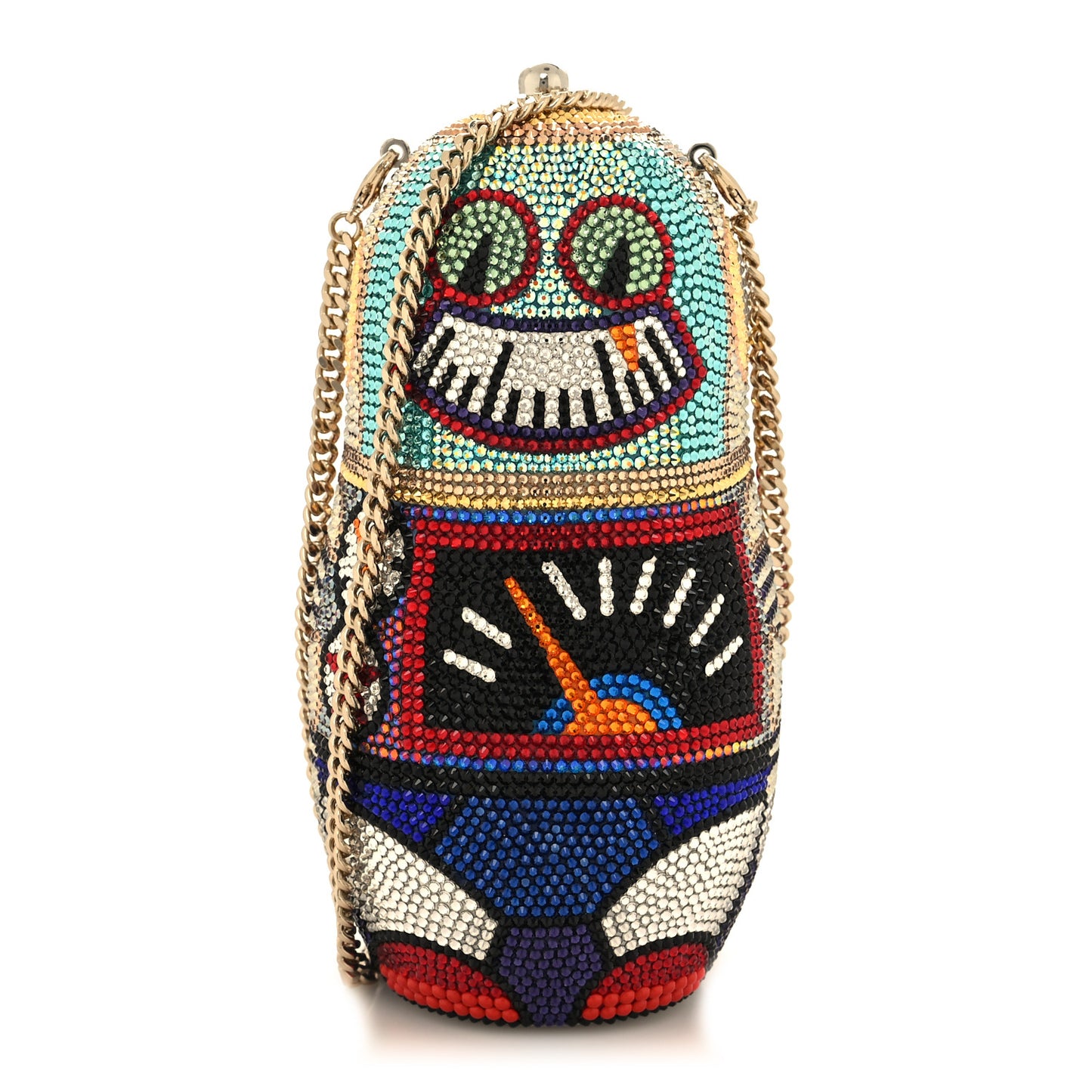 Crystal Robot Russian Doll Minaudiere Clutch Gold Multicolor
