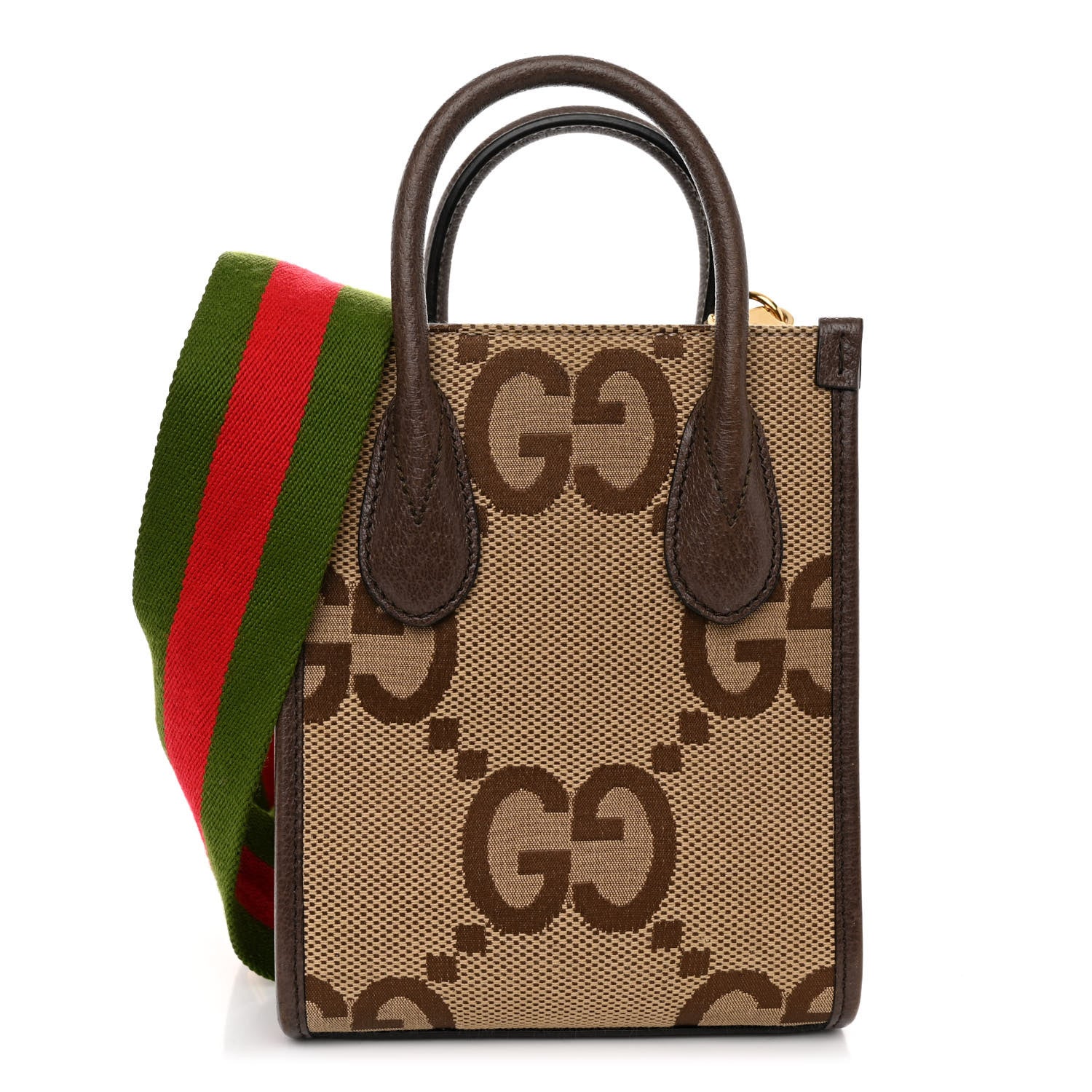 Gucci Monogram Jumbo GG Textured Dollar Calfskin Web Mini Vertical Tote Camel Ebony New Acero 1 of 13