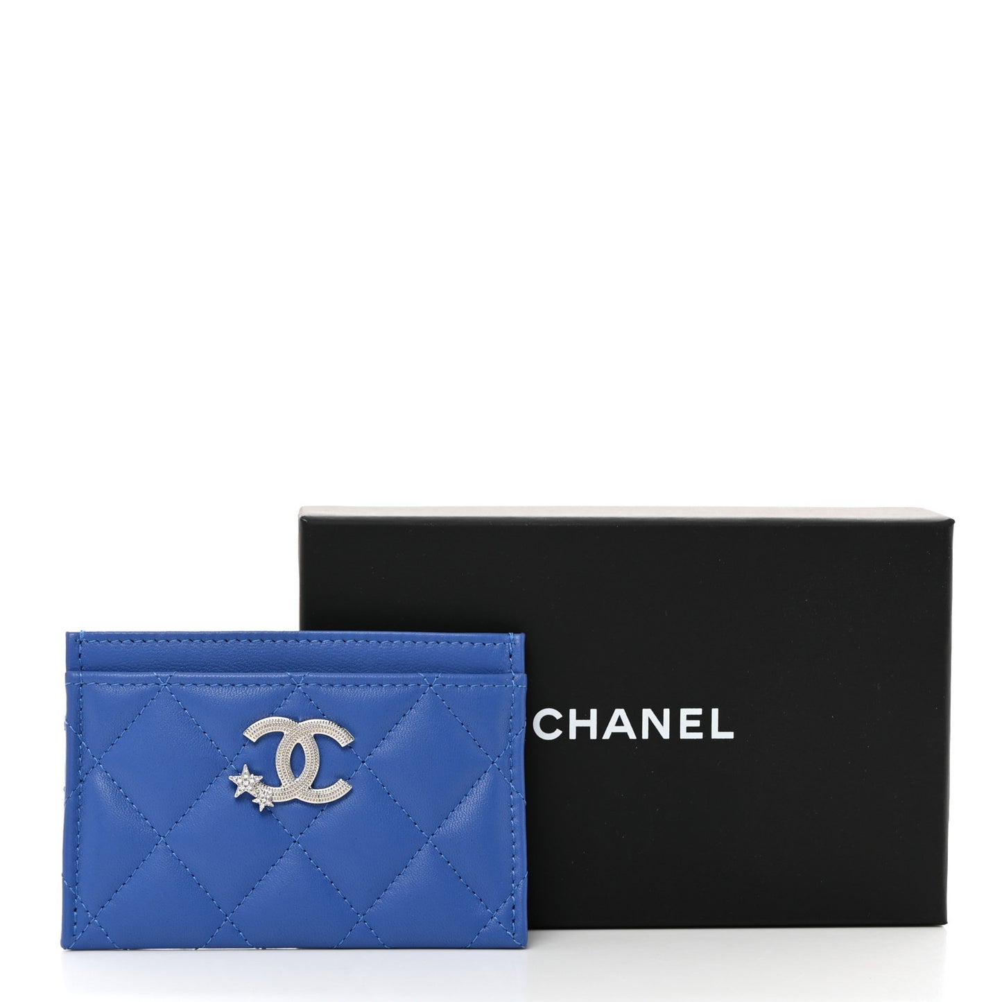 Lambskin Crystal Quilted Studded CC Card Holder Blue