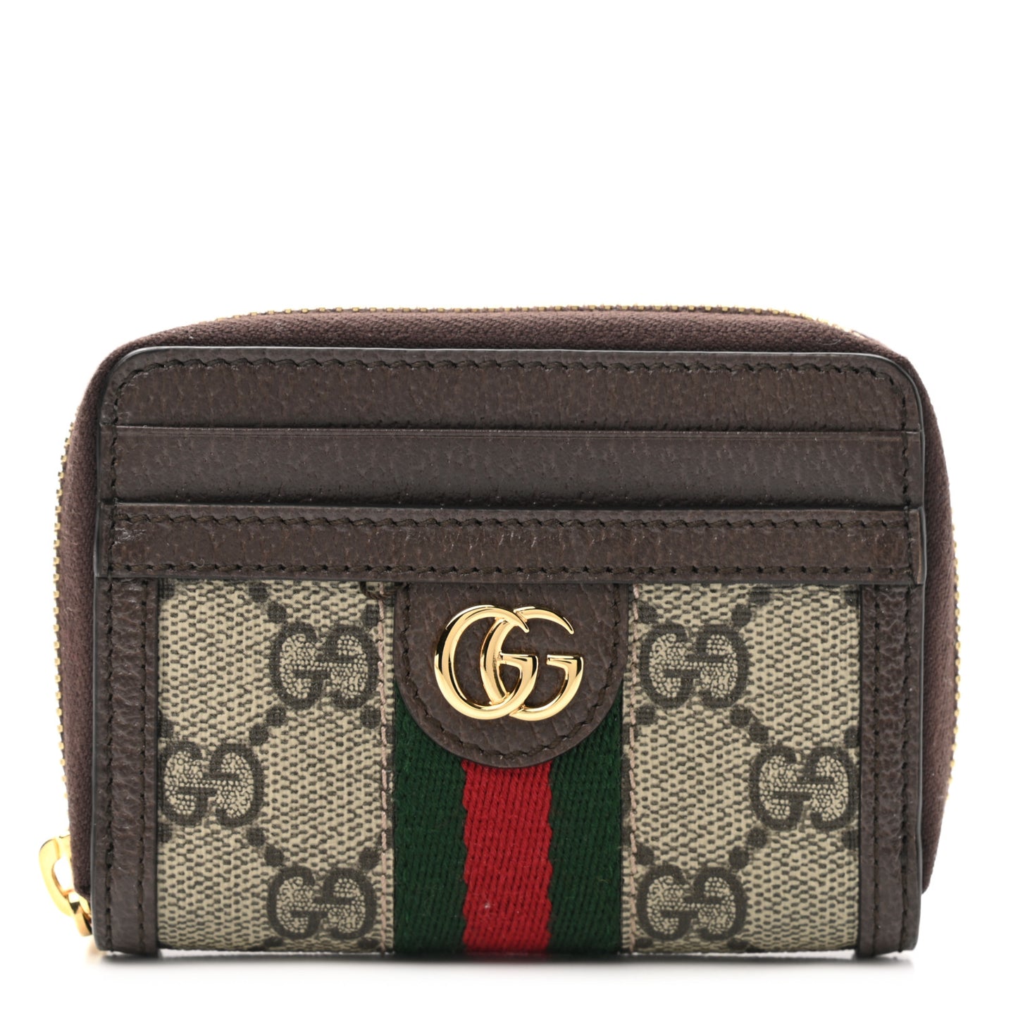 GG Supreme Monogram Textured Dollar Calfskin Web Ophidia Zip Around Card Case Wallet Beige Ebony New Acero