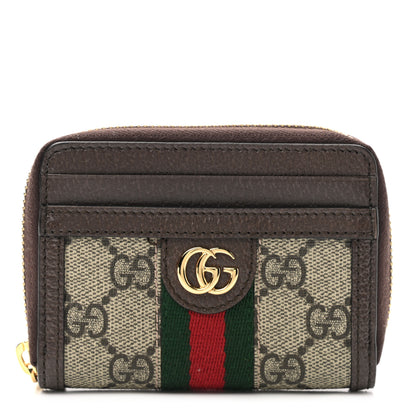Gucci GG Supreme Monogram Textured Dollar Calfskin Web Ophidia Zip Around Card Case Wallet Beige Ebony New Acero 1 of 8