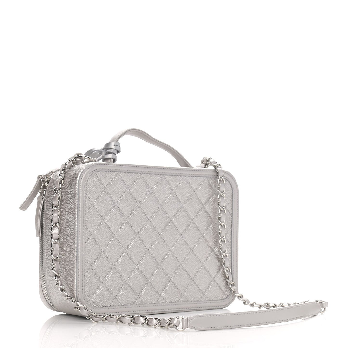 Metallic Caviar Quilted Large CC Filigree Vanity Case Silver