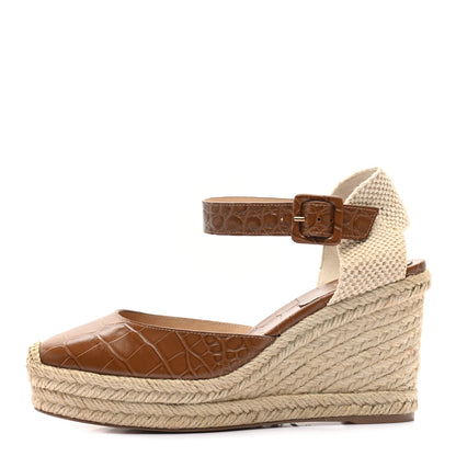Christian Louboutin Calfskin Crocodile Embossed Amelia 90 Espadrille Wedges 37 Brown 1 of 7
