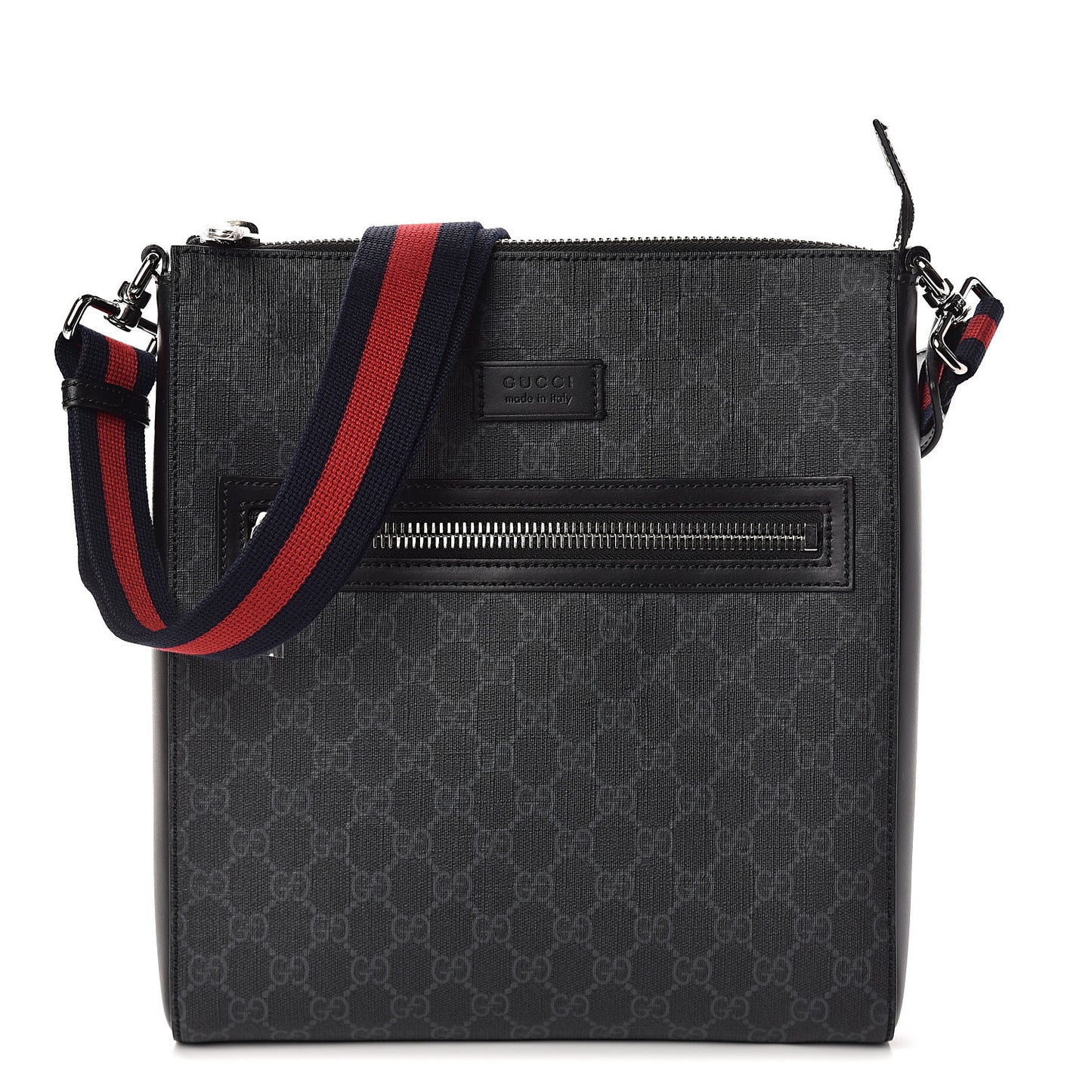 GG Supreme Monogram Appia Calfskin Web Flat Messenger Bag Black Grey