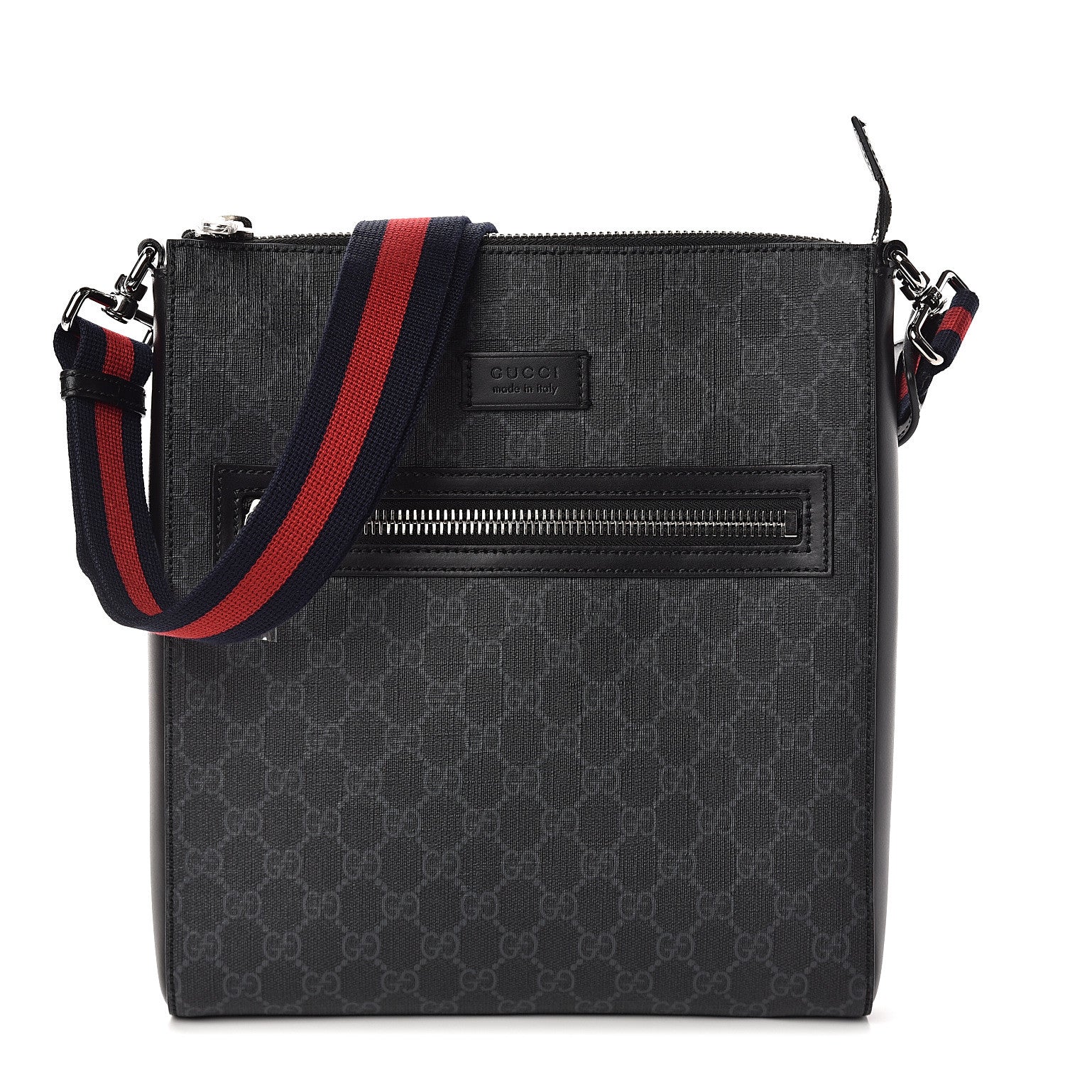Gucci GG Supreme Monogram Appia Calfskin Web Flat Messenger Bag Black Grey 1 of 9