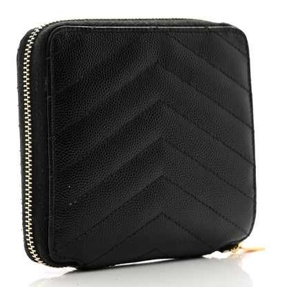 Saint Laurent Grain De Poudre Matelasse Chevron Monogram Compact Zip Around Wallet Black 3 of 9
