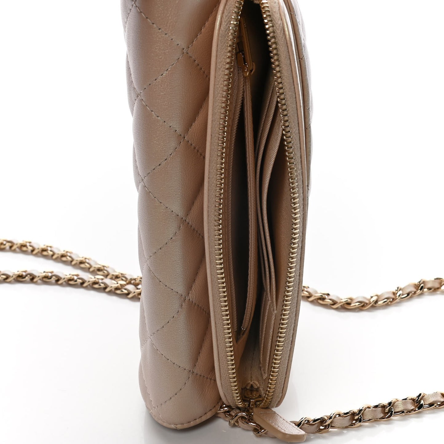 Iridescent Lambskin Quilted Flap Phone Holder With Chain Beige