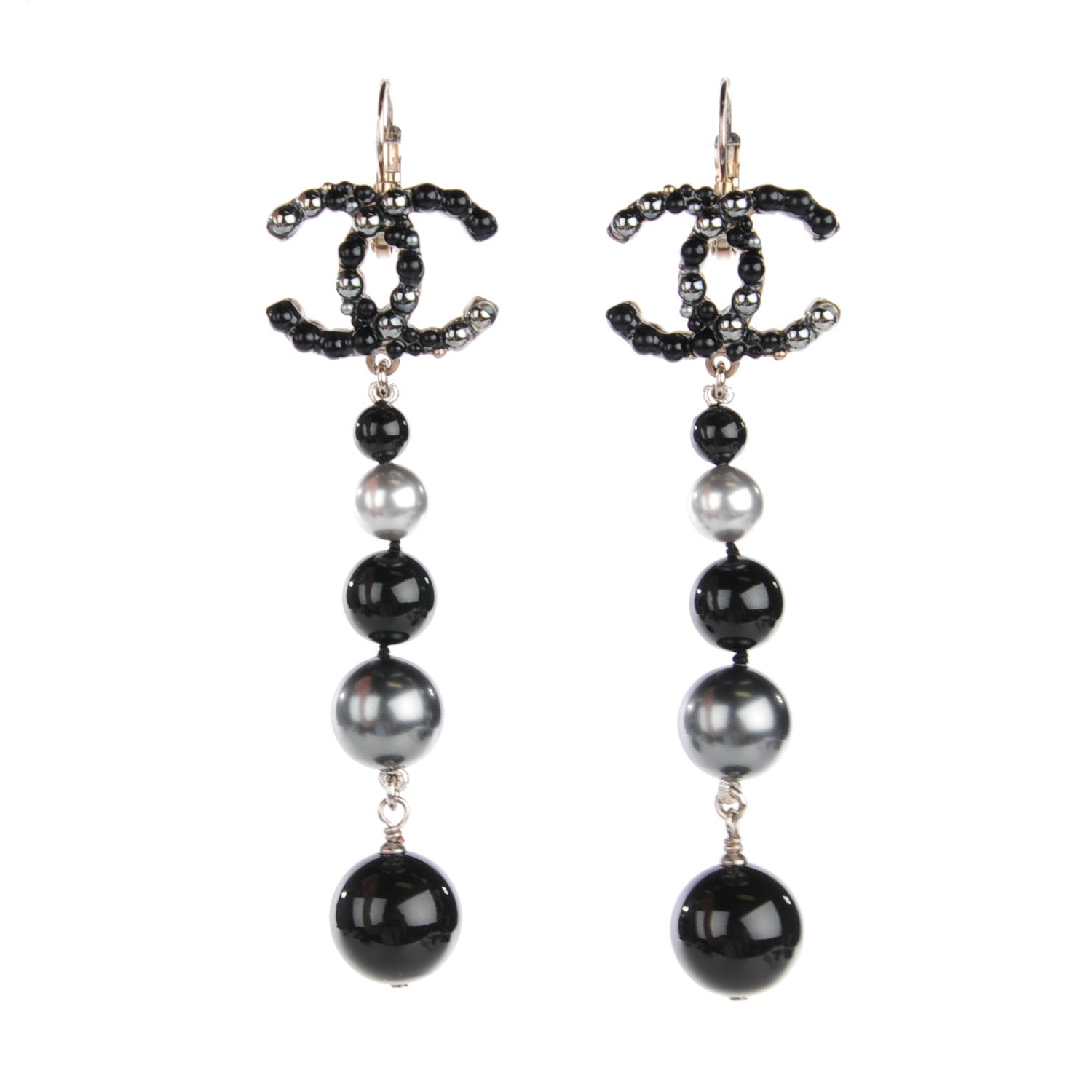 Chanel Pearl Bead CC Drop Earrings Grey Black 1 of 5