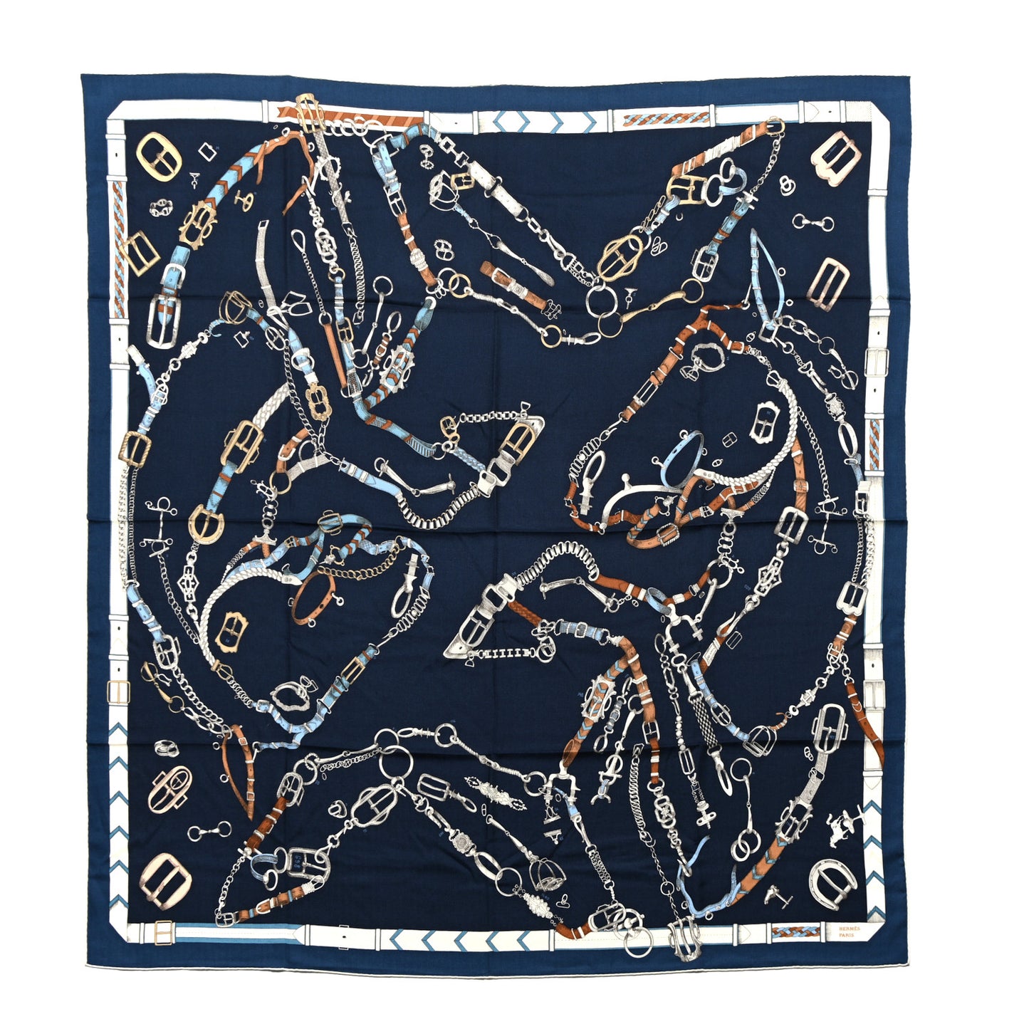 Cashmere Silk Chevaux Dechaines Shawl 140 Marine Fonce White Noisette