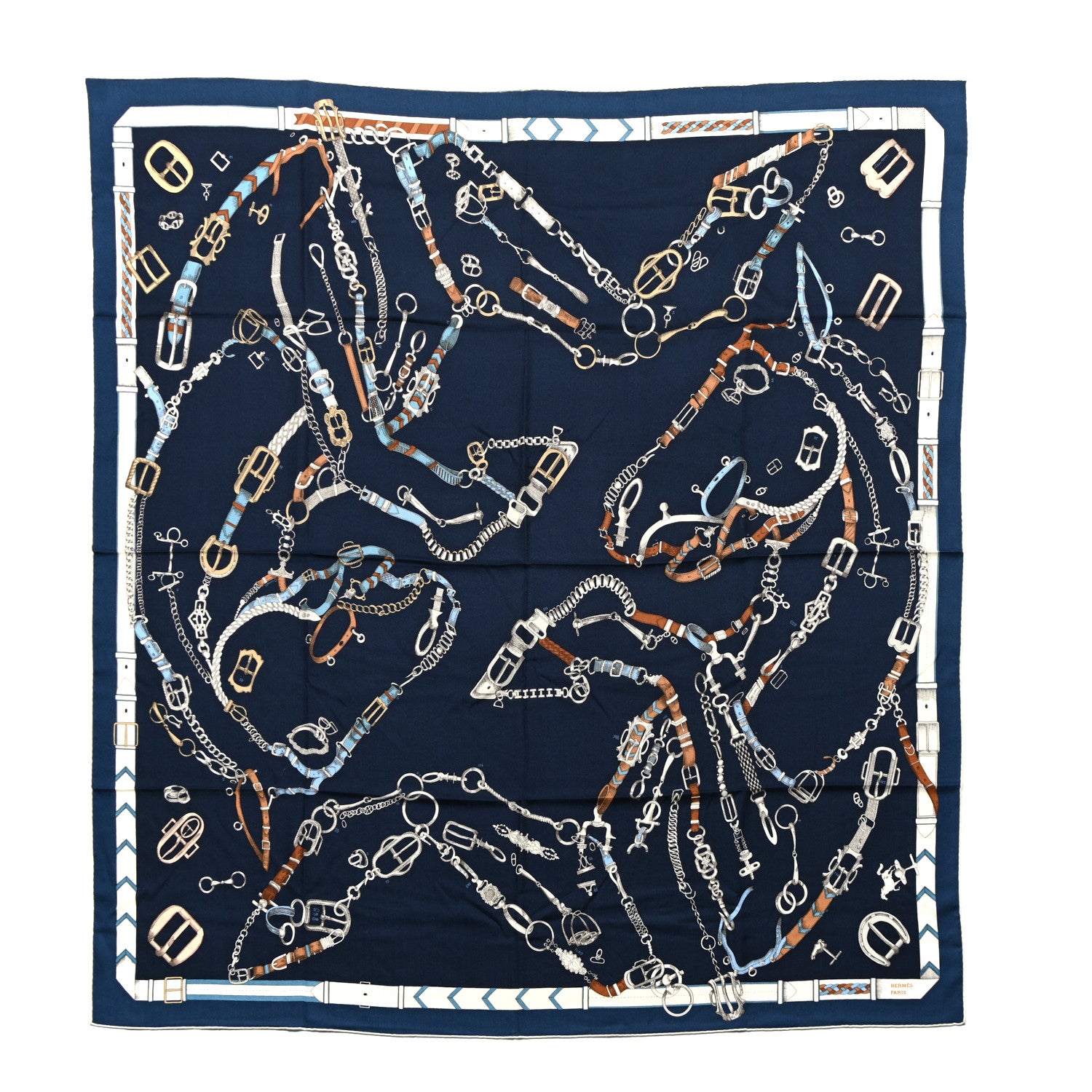 Hermes Cashmere Silk Chevaux Dechaines Shawl 140 Marine Fonce White Noisette 1 of 6