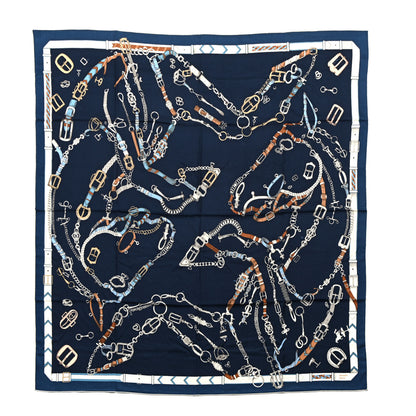 Hermes Cashmere Silk Chevaux Dechaines Shawl 140 Marine Fonce White Noisette 1 of 6